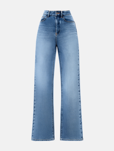 Vaqueros de mezclilla de cintura alta para mujer, de pierna recta, corte holgado, estilo casual, lavado a la piedra, de longitud completa. - Product Image 1