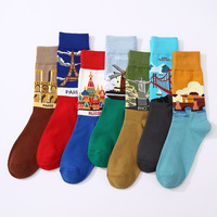 Mode en gros à la mode de haute qualité hommes chaussettes drôle coloré coton robe Paris unisexe Cool points de repère chocs chaussettes