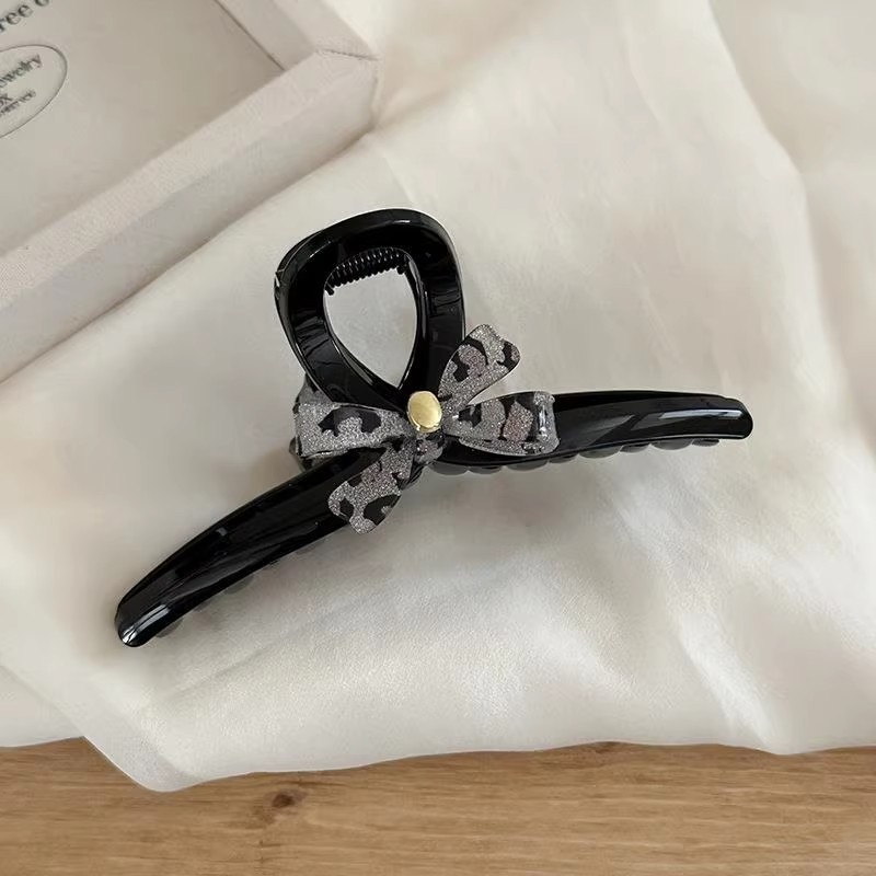 5 pinces à cheveux nœud imprimé léopard noir-version logo doré-13 cm
