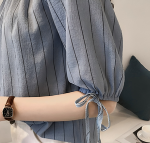 <span class=keywords><strong>Camicetta</strong></span> da donna in chiffon a righe verticali, con <span class=keywords><strong>spalle</strong></span> <span class=keywords><strong>scoperte</strong></span>, scollo rotondo, due modi di indossare, maniche a sbuffo con laccetti, per il lavoro, tutti i giorni, casual, appuntamenti - Product Image 4