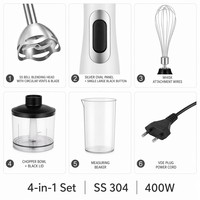 Mixeur Plongeant 4-en-1 avec Moteur en Cuivre Pur 400W, 1 Vitesse, Fouet, Hachoir, Bol Amovible, Certifié VDE, Idéal pour Aliments Bébé