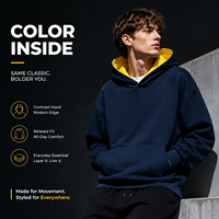 Sweat à capuche en coton composite 380 GSM, couleur unie contrastante, doublure intégrée, coupe ample, poche kangourou avant, pull-over ODM, six couleurs, automne
