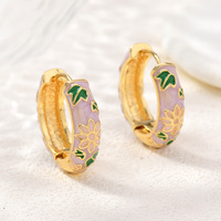 Anting-anting Huggie Enamel Bunga Lotus Boho Vintage JS08 Berlapis Emas Pola Daun Bunga Warna-warni Penjepit Telinga Sehari-hari