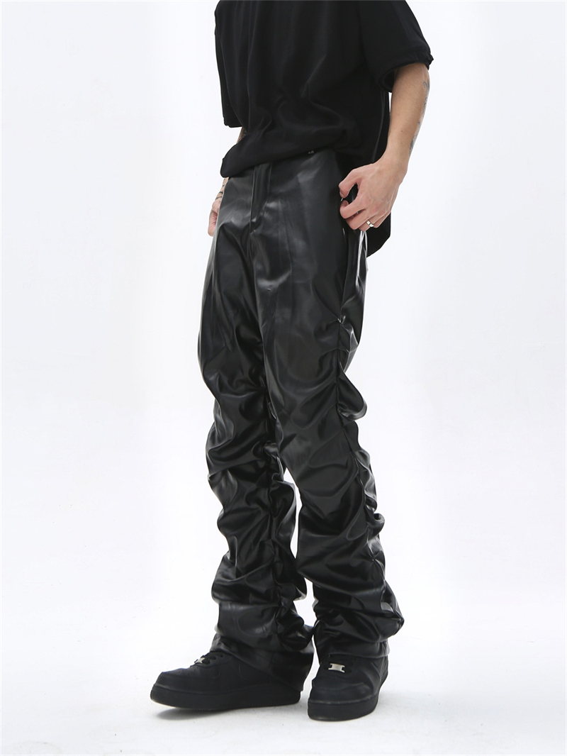 【Rare】 leather piping pocket chino pants Black Shiny PU Leather Trousers - Men's Punk Rock Design