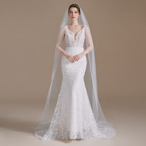 Mermaid Bridal Gown Halter Neck White Embroidered Backless Wedding Dress Natural Waistline Fitted Train - Product Image 1