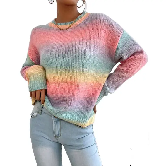 Custom Rainbow Stripes Tops Wholesale Knitwear Plus Size Striped Knitted Sweater Women