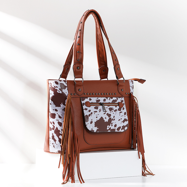 Wholesale Custom Women Cow Printing Tassel Purses Handbags Tote Western Leather Fringe Bag