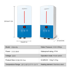 Mini Calentador de Agua sin Tanque con Elemento Calefactor de Acero Inoxidable SS304, 5500W, 220V, Certificado CB, Uso Doméstico, Carcasa de Plástico, Clase B Energética, Inglés - Product Image 6