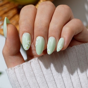 Faux Ongles Courts Amande de Haute Qualité, Fournitures en Gros, Faits Main, Fleurs 3D, Vert Pastel, Gel Doux, Kit d'Ongles à Presser X - Product Image 1