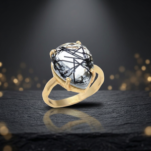 New Arrival Gold Plated Bezel Setting <b>Black</b> Rutile Gemstone <b>Ring</b> for Children's Men's Women's Unisex - Product Image 3