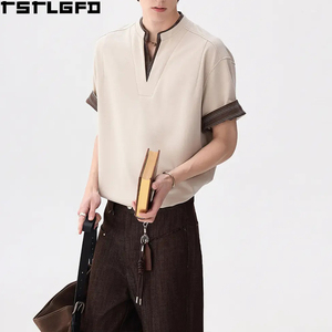 T-shirt en tricot à col en V personnalisé pour homme, style Old Money, beige, manches courtes, fabricants de t-shirts pour homme en gros - Product Image 2