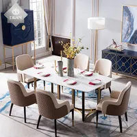 Conjunto de mesa sala de jantar, conjunto retangular de aço inoxidável dourado para sala de jantar e 6 cadeiras, conjunto italiano de luxo e moderno para jantar