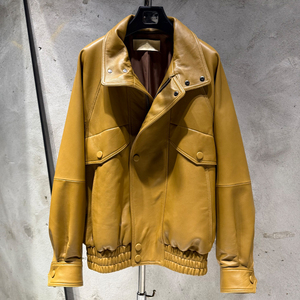 Veste en cuir d'agneau véritable à col montant surdimensionné pour <span class=keywords><strong>femme</strong></span>, style streetwear, vintage, noire - Product Image 5