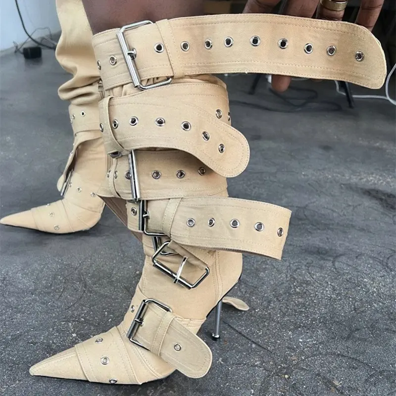 Offres Spéciales hauts talons fins chaussons fantaisie rétro court bottines Punk Denim boucles de ceinture Stiletto femmes chaussures chaussons