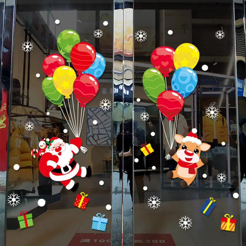 Latest Cartoon 3D Christmas Customized Sticker Colorful Balloon Santa Claus Elk for Shop Decorating Window Glass Background