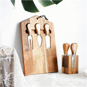 Cheese Cutting Board Set With <b>Knife</b> Fork Solid Wood Food Grade Portable Reversible For Cheese <b>Bread</b> Cake Steak - Product Image 1