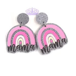 ERS230ER1022 High Quality Fine Diamond Dangle Earrings Customized Rainbow Mama Mother's Day Leopard Acrylic with Setting Inlay