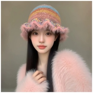 Chapeau bob à volants style peinture à l'huile, rayé, color-block, inspiré de la dopamine, en tricot chaud pour <span class=keywords><strong>femme</strong></span>, idéal automne-hiver - Product Image 6