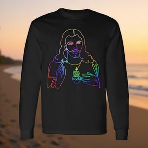 T-shirt a maniche lunghe con viso astratto di Gesù, design con linee arcobaleno in stile tie-dye - Product Image 3