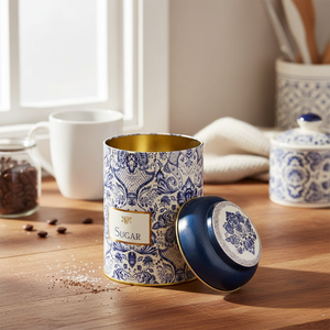 1.2L Azulejo-Inspired Blue & White Decorative Pattern Ø105 x 150 mm round Metal Tin with Dome Lid 105mm x 150mm Metal <b>Baskets</b> - Product Image 3