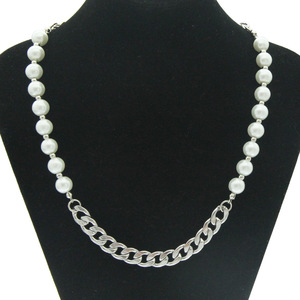 Trendy Hip Hop Pearl <b>Titanium</b> Steel Splicing Cuban <b>Chain</b> Fashion Necklace - Product Image 1