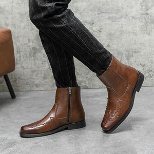 Botas vaqueras de hombre con cremallera lateral, tacón bajo, bordado y detalles de costura, estilo cowboy - Product Image 3