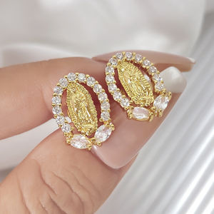 Aretes de Botón con Diseño Único, Listos para Enviar, Chapados en Oro de 18K, con Circonita Cúbica, Religiosos, de la Virgen María, para Mujer - Product Image 2