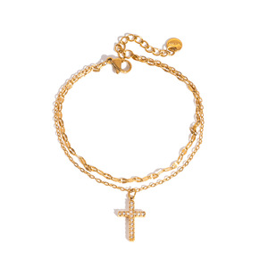 Bracelet croix double couche en acier inoxydable avec incrustation de zircon blanc, design géométrique, bijou cadeau - Product Image 5