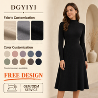 Robe midi pour femme en maille côtelée premium opaque 300 GSM, col montant, coupe trapèze, manches longues, élégante et confortable pour l'hiver, personnalisable avec logo OEM