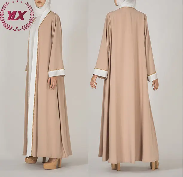 이슬람 의류를위한 새로운 디자인 카디건 기모노 이슬람 드레스 오픈 아바야 크레이프 튜닉 가디건 심플 레이스 트림 두바이 아바야 드레스