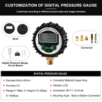 Manomètre numérique 0-200PSI 0-14Bar, montage inférieur, boîtier ABS avec couvercle 1/4"NPT pour système pneumatique de compresseur d'air et de gaz