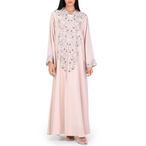 LEDUO Elegant Dusty <b>Pink</b> Organza <b>Abaya</b> Robe-Handcrafted Floral Embroidery Beads Crystals Lightweight - Product Image 1