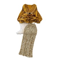 Costume de mode femmes Socialite tempérament lanterne col en v à volants chemise brillante taille haute jupe à paillettes