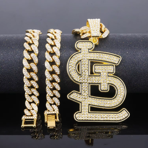 Custom Luxury Mens Cardinals Silver & Gold Plated Cuban Link <b>Chain</b> Full <b>Iced</b> Out Crystal Baseball Tournament Pendant - Product Image 3