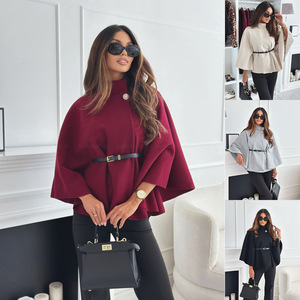 Customised Winter Batwing-Sleeve Button-Front <strong>Coat</strong> Stylish Solid-Colour Belted Polyester Cape <strong>Coat</strong> Ladies' Party Cape <strong>Dress</strong> - Product Image 1
