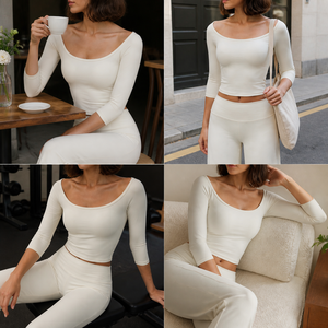 Ensemble de yoga 2 pièces pour femme : haut court à col rond et manches 3/4, leggings évasés, tenue de sport et de détente avec logo personnalisé, vêtements de sport - Product Image 3