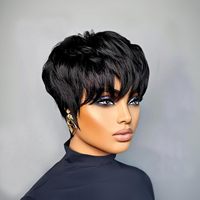 Perruque courte droite coupe pixie pour femmes noires, perruque en cheveux humains noirs, sans colle, à couches, avec frange, entièrement fabriquée à la machine
