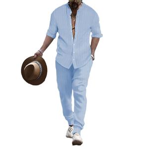 Popular europeo y americano estilo primavera y otoño hombres rayas Henri cuello camisa pantalones moda Casual deportes conjunto de 2 piezas - Product Image 1