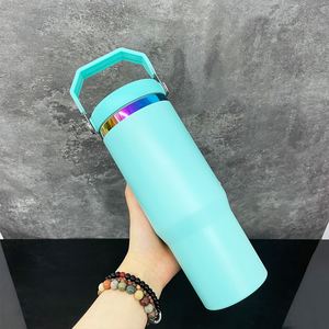 แก้วน้ำเก็บความเย็นสแตนเลสเคลือบสีรุ้งแบบซับลิเมชั่น ขนาด 30 ออนซ์ สีมาการอง พร้อมหูหิ้วพกพาและหลอดดูดแบบพับได้ - Product Image 5