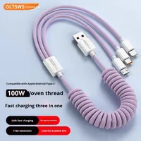 Câble de données à ressort trois-en-un Super Fast 3A Charging Retractable Mobile Phone One-To-Three Micro-USB TPE Cable