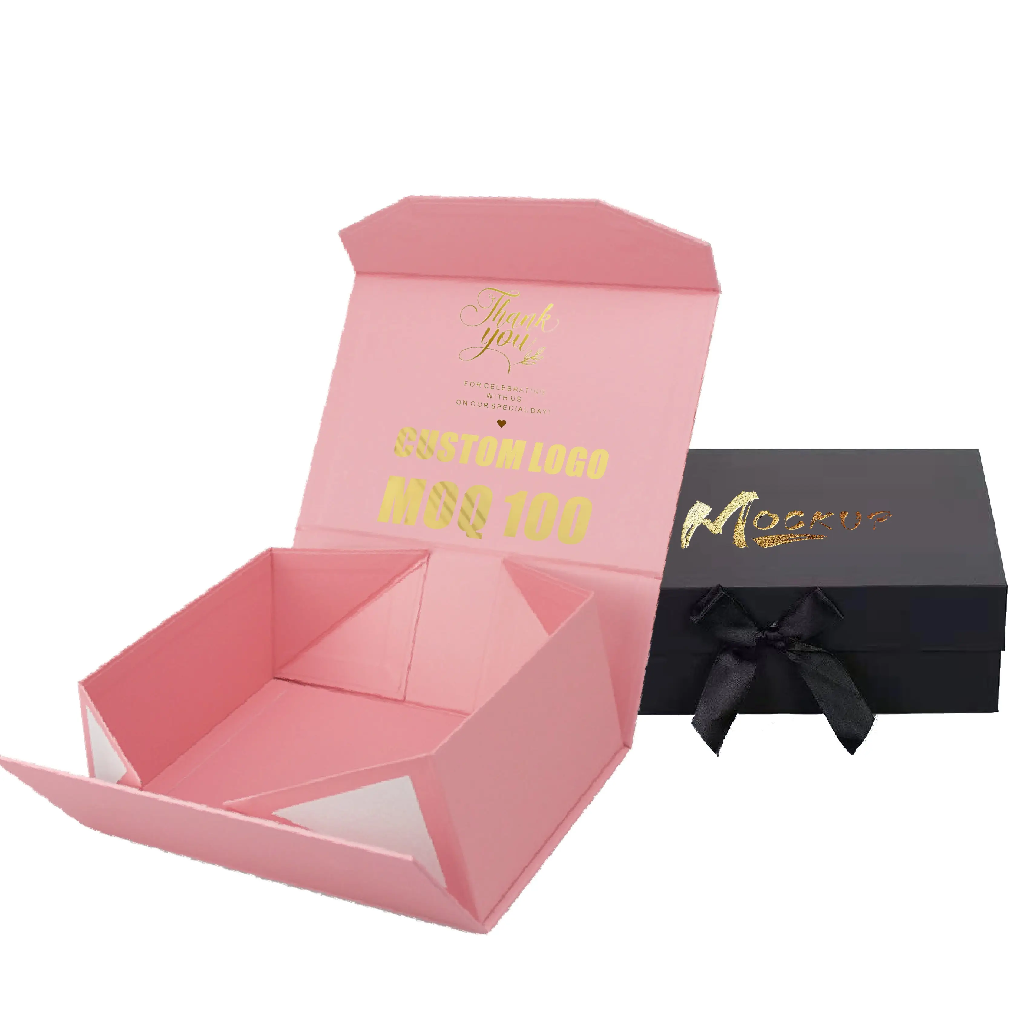 Custom Pink Black Small Luxury Christmas Magnetic Gift Box Packaging With Ribbon Lid For Cosmetic