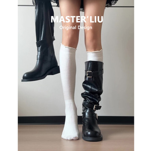 Bottes hautes noires en cuir pour femme avec boucle, talon carré épais, bout rond, style décontracté vintage western - Product Image 2