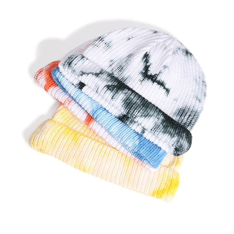 Cálidos gorros de invierno con diseño multicolor acrílico para adultos, boina de pescador tejida, deportiva, tie-dye