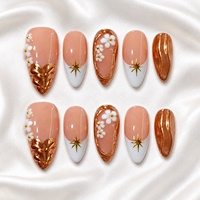 Lot de 10 faux ongles français métalliques faits à la main, motif marbré cuivre, marguerite blanche, étoile dorée, à presser, micro-ongles français