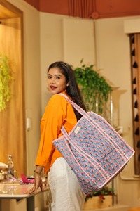 Hand Block Printed Cotton Duffel Bag Lightweight Quilted <b>Travel</b> <b>Tote</b> Handmade Women Blue for Panelled Zipper Bohemian Style - Product Image 5