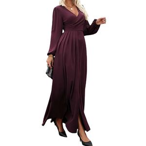 Robe de soirée fendue à col en V pour femme grande taille, manches longues lanternes, idéale pour le bureau ou les soirées d'automne - Product Image 2
