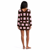 Benutzerdefiniertes LOGO Damen Häkel-Cardigan Granny Square Cropped Schleifenkragen Langarm V-Ausschnitt Braun Sommer Polyester OEM & ODM Fabrik