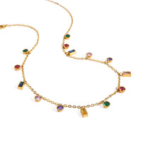 Collier pendentif cœur en acier inoxydable plaqué or 18 carats avec perle et pierres précieuses colorées, design géométrique, bijoux de fête, serti clos