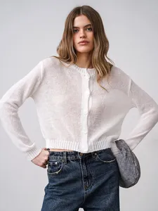 Suéter Casual Midi con Botones Delanteros de Diseño Minimalista para Mujer, Marca Blubelle, Otoño Invierno, Color Sólido, Cárdigan de Punto Fino - Product Image 2
