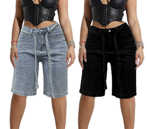 Peeqi D8739 Nuovi Shorts in <span class=keywords><strong>Jeans</strong></span> Estivi all'Ingrosso, Shorts in Denim Vintage con Strass, <span class=keywords><strong>Taglie</strong></span> Grandi per Abbigliamento Femminile - Product Image 1